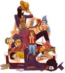  6+boys black_hair blonde_hair blue_hair brook chin_rest collared_shirt couch cyborg dogpile formal franky green_hair hand_rest hat hawaiian_shirt hood hoodie monkey_d_luffy multiple_boys multiple_girls nami nami_(one_piece) nico_robin one_piece orange_hair pink_hat pinstripe_pattern plaid plaid_jacket plaid_shirt reindeer roronoa_zoro sanji shirt sitting skeleton star_(symbol) straw_hat suit tattoo tony_tony_chopper top_hat usopp white_upholstery x_(symbol) 