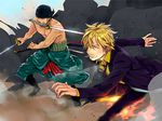  2boys 4:3 bandanna black_suit blonde_hair boots dual_wielding duo earrings fighting_stance fishman_island formal green_hair hair_over_one_eye haramaki jewelry kicking male male_focus mouth_hold multiple_boys necktie one-eyed one_piece roronoa_zoro sanji sash shirt suit sword topless triple_wielding weapon yellow_shirt yuu_(1969loy) 
