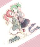  bad_id bad_pixiv_id boots character_name choker copyright_name droite_(tales) dutch_angle full_body gauche_(tales) green_eyes green_hair holding_hands knee_boots kneeling minmii_(minmi078) multiple_girls red_eyes red_hair short_hair skirt smile tales_of_(series) tales_of_vesperia twintails 
