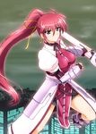  blue_eyes boots breasts city diesel-turbo fingerless_gloves gauntlets gloves hair_ribbon levantine long_hair lyrical_nanoha mahou_shoujo_lyrical_nanoha mahou_shoujo_lyrical_nanoha_a's medium_breasts pink_hair ponytail puffy_sleeves ribbon sheath sheathed signum solo sword weapon 