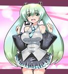  breasts detached_sleeves futaba_suetsuki green_eyes green_hair hatsune_miku headset large_breasts long_hair necktie open_mouth skirt solo twintails very_long_hair vocaloid 