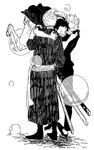  3boys bubble formal hat hug male male_focus monkey_d_luffy monochrome multiple_boys one_piece robe roronoa_zoro sabaody_archipelago sanji sash scabbard sheath sheathed smile stampede_string straw_hat suit trio 