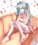  aqua_eyes aqua_hair bow bowtie bracelet couch feet_on_chair hair_ribbon hatsune_miku jewelry long_hair looking_at_viewer nail_polish petticoat ribbon sitting skirt smile solo thighhighs touboku twintails vocaloid white_legwear 