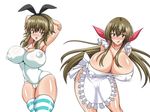  2girls animal_ears areolae arms_behind_head arms_up blush breasts brown_eyes brown_hair bunny_ears dorachefu erect_nipples female huge_breasts legwear mole multiple_girls nipples open_mouth puffy_nipples see-through shiny shiny_skin smile thighs tongue tongue_out 