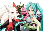  39 :&lt; aqua_eyes aqua_hair boots creature crossover gen_3_pokemon gundam hatsune_miku headset hizack long_hair mecha multiple_crossover necktie pokemon pokemon_(creature) sitting skirt thigh_boots thighhighs twintails ugougou vocaloid zaku zaku_iii zangoose 