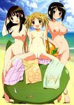  3girls barefoot beach blonde_hair breasts brown_eyes brown_hair crocodile crocodilian feet highres hips kore_ga_watashi_no_goshujin-sama kurauchi_anna large_breasts multiple_girls nipples nude nude_filter photoshop pochi pussy sawatari_izumi sawatari_mitsuki siblings sisters take_your_pick towel twintails uncensored wide_hips 