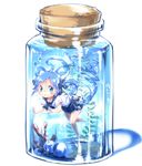  absurdres aqua_eyes ayakashi_(monkeypanch) blue_hair bottle_miku bow cork hair_bow hatsune_miku highres in_container jar long_hair school_uniform serafuku skirt solo submerged twintails very_long_hair vocaloid water 