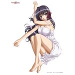  arm_up artist_request babydoll bangs bare_shoulders barefoot black_hair blunt_bangs breasts fetal_position fortune_arterial full_body kuze_kiriha large_breasts legs looking_at_viewer lying purple_eyes simple_background strap_slip toes white_background 