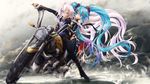  ahoge aqua_eyes aqua_hair blue_eyes bow bowtie center_opening ground_vehicle hatsune_miku hatsune_miku_(append) highres ia_(vocaloid) jewelry long_hair motor_vehicle motorcycle multiple_girls multiple_riders naka_(nicovideo14185763) open_mouth pink_hair riding ring thighhighs twintails very_long_hair vocaloid vocaloid_append 