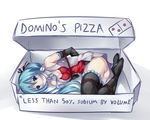  aqua_eyes aqua_hair arms_behind_back bdsm black_legwear bondage boots bound box breasts cleavage commentary detached_sleeves domino's_pizza english hair_ribbon hatsune_miku in_box in_container long_hair lying maullarmaullar medium_breasts necktie on_side panties ribbon solo thigh_boots thighhighs underwear vocaloid 