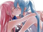  blue_hair blush closed_eyes couple hatsune_miku kiss koma_(remi_398) long_hair megurine_luka multiple_girls pink_hair twintails vocaloid yuri 