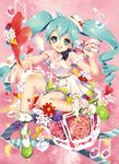  39 aqua_eyes aqua_hair belt character_name hat hatsune_miku high_heels jewelry long_hair matoki_misa microphone musical_note necklace open_mouth outstretched_arm shoes sitting skirt socks solo twintails vocaloid 