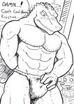 accidental_erection anthro anubian_jackal biceps blush bulge canine crocodile dialog duo english_text erection fundoshi fur gay jackal league_of_legends loincloth male mammal muscles nasus pecs penis pose pton renekton reptile scales scalie sketch standing sweat text toned topless underwear 
