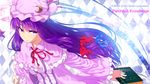  argyle argyle_background blew_andwhite book character_name crescent dress frown hair_ribbon hat highres patchouli_knowledge purple_eyes purple_hair ribbon solo star touhou 