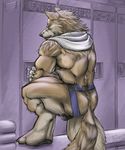  anthro back back_to_viewer back_turned balls biceps big_muscles black_nose brown_fur brown_hair bulge butt canine claws clothing crouching fur hair jockstrap locker_room looking_back male mammal muscles pawpads paws pose rrowdybeast scar shirt solo standing toe_claws topless underwear undressing wolf yellow_eyes 