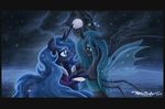  blue_eyes changeling cloud coat cobweb cobwebs cool_colors couple crown duo equine eye_contact fangs female feral friendship_is_magic green_eyes green_hair hair holes horn horse long_hair mammal moon my_little_pony night pony princess princess_luna_(mlp) queen queen_chrysalis_(mlp) royalty sparkles stars willis96 willisninety-six winged_unicorn wings 