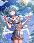  adidas aqua_eyes aqua_hair ball clothes_writing cloud confetti doora_(dora0913) goal hatsune_miku la_liga long_hair md5_mismatch navel real_madrid revision shorts sky soccer solo sweat twintails very_long_hair vocaloid 