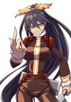  black_hair blue_eyes clearite cosplay fingernails ganaha_hibiki grin highres idolmaster idolmaster_(classic) knife long_hair pointing pointing_up ponytail simple_background smile solo tengen_toppa_gurren_lagann viral viral_(cosplay) white_background 