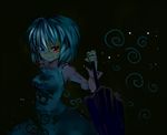  black_background blue_eyes blue_hair chagu heterochromia looking_at_viewer red_eyes short_hair simple_background smile solo swirl tatara_kogasa touhou 