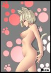  absurdres animal_ears bad_id bad_pixiv_id black_border blonde_hair blush border breasts cat_ears cat_tail highres large_breasts navel nipples nude original paw_print red_eyes short_hair solo tail yin-ting_tian 