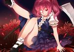  blood bobby_socks eyepatch flower greetload hair_bobbles hair_ornament legs mary_janes onozuka_komachi panties red_eyes red_hair scythe shoes smile socks solo spider_lily touhou two_side_up underwear white_panties 