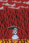  aircraft airplane b-29_superfortress blue_hair bomb bomber english feet geta heterochromia karakasa_obake maruhachi_(maruhachi_record) military military_vehicle purple_umbrella short_hair skirt solo tatara_kogasa touhou umbrella 