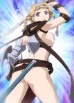  1girl absurdres armor ass back bad_anatomy bikini_armor blonde_hair blue_eyes breasts highres large_breasts leina panties queen&#039;s_blade queen's_blade shield solo sword thong underwear weapon 