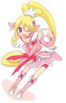  aida_mana arm_warmers bike_shorts blonde_hair boots bow choker cure_heart dokidoki!_precure eyelashes full_body hair_ornament half_updo heart heart_hair_ornament heart_hands highres knee_boots long_hair magical_girl okamoto one_eye_closed pink_bow pink_eyes pink_footwear pink_sleeves ponytail precure ribbon shorts shorts_under_skirt skirt smile solo white_background 