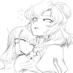  closed_eyes greyscale happy hug monochrome moriya_suwako multiple_girls no_hat no_headwear rope sharp_teeth shimenawa short_hair sketch sleeping space_jin sweatdrop teeth touhou yasaka_kanako 