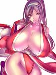  1girl bare_shoulders breasts brown_hair dodai_shouji female gigantic_breasts king_of_fighters long_hair ponytail shiranui_mai simple_background snk 