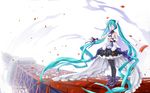  7th_dragon_(series) 7th_dragon_2020 aqua_hair closed_eyes crazypen hatsune_miku long_hair open_mouth skirt solo thighhighs tokyo_tower twintails very_long_hair vocaloid wallpaper 