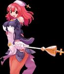  1girl bare_shoulders blush breasts cross gloves la_pucelle large_breasts long_hair lowres nippon_ichi open_mouth prier red_hair smile solo staff 