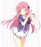  ;) armband bare_legs fuyuumi_ai hair_ribbon heart heart_hands long_hair looking_at_viewer one_eye_closed ore_no_kanojo_to_osananajimi_ga_shuraba_sugiru pink_hair purple_eyes ribbon school_uniform skirt smile solo translated yamasan 