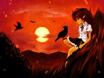  bird chagu hat highres looking_away pointy_ears shameimaru_aya skirt smile solo sunset touhou wings 