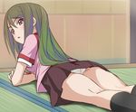  blush green_hair haitai_nanafa haruyama_kazunori kneehighs kyan_nao long_hair looking_back lying panties school_uniform skirt solo tatami underwear upskirt 