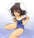  animal_ears bare_shoulders black_hair blush bunny_ears commentary_request flat_chest hachi_(chihagura) inaba_tewi nipple_slip nipples one-piece_swimsuit red_eyes school_swimsuit short_hair sitting smile solo strap_pull swimsuit tan tanline touhou 