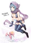  blue_hair blue_legwear blush boots breasts cape character_name cleavage crop_top english erementa full_body genderswap genderswap_(mtf) gloves green_eyes highres hood league_of_legends malzahar medium_breasts midriff navel open_clothes short_hair signature solo thighhighs tongue voidling 