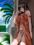  bare_shoulders bikini black_hair breasts brown_eyes final_fantasy final_fantasy_vii highres large_breasts long_hair navel nipples palm_tree see-through side-tie_bikini solo suuitchi swimsuit tifa_lockhart tree 