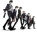  4boys bangs belt black_hair blonde_hair blunt_bangs brown_hair cigarette dominator_(gun) foreshortening formal from_below full_body ginoza_nobuchika glasses group_picture group_profile gun handgun jacket kagari_shuusei karanomori_shion kougami_shin'ya kunizuka_yayoi labcoat lineup lipstick loafers long_hair looking_afar makeup masaoka_tomomi multiple_boys multiple_girls necktie official_art pantyhose pencil_skirt pistol ponytail profile psycho-pass running serious shirt shoes short_hair skirt skirt_suit smoking suit transparent_background tsunemori_akane walking weapon 