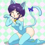  animal_ears bell bell_collar blue_hair brown_eyes cat_ears cat_tail collar elbow_gloves gloves one_eye_closed ranma_1/2 short_hair solo tail tendou_akane thighhighs wanta_(futoshi) 