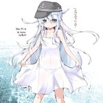  bare_shoulders blue_eyes blush dress dress_lift hat hibiki_(kantai_collection) itotin kantai_collection long_hair looking_at_viewer silver_hair solo translation_request white_dress 