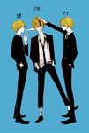  1boy age_progression blonde_hair blood blue_background formal full_body hair_over_one_eye male male_focus multiple_persona nanashima_(noisy13) one_piece sanji solo standing suit torn_clothes 
