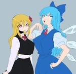  alternate_breast_size blonde_hair blue_eyes blue_hair bow breasts cirno dress hair_bow ice ice_wings large_breasts long_hair multiple_girls older red_eyes rumia space_jin taut_clothes touhou wings 