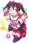  ;d \m/ black_hair blush bokura_wa_ima_no_naka_de bow double_\m/ earrings fingerless_gloves gloves gochou_(atemonai_heya) hair_bow jewelry looking_at_viewer love_live! love_live!_school_idol_project one_eye_closed open_mouth red_eyes short_hair skirt smile solo thighhighs twintails yazawa_nico 