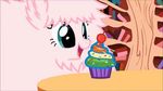  blue_eyes book cherry cupcake face_smash female feral fluffle_puff food friendship_is_magic hair mixermike622 my_little_pony open_mouth pink_hair tongue 