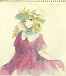  blonde_hair flower hat light_smile maribel_hearn simple_background skirt_hold solo sugi touhou traditional_media yellow_eyes 