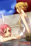  abec absurdres asuna_(sao) bare_shoulders bathing blue_sky brown_eyes brown_hair bucket day duplicate hair_up highres leaf light_smile lisbeth multiple_girls naked_towel onsen pink_eyes pink_hair scan short_hair sidelocks sitting sky smile steam sword_art_online towel wooden_bucket 