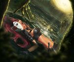  absurdres belt breasts crop_top dagger gasssss gloves green_eyes headband highres katarina_du_couteau league_of_legends liandry's_torment lips long_hair lying mask medium_breasts midriff navel partially_submerged popped_collar red_hair scar solo tree water weapon 