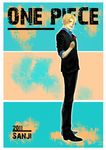  1boy 2011 black_shoes blonde_hair blue_shirt character_name collared_shirt copyright_name dated flower formal full_body hair_over_one_eye highres male male_focus necktie one_piece sanji shirt shoes solo standing suit title_drop 