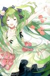  arm_up bad_id bad_pixiv_id closed_eyes dress flower green_hair hair_ribbon hand_on_own_chest hatsune_miku long_hair open_mouth outstretched_arm ribbon solo tang_elen very_long_hair vocaloid 